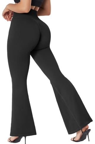 RXRXCOCO Damen High Waist Schlaghose Yoga Hose Flared Leggings Bootcut Hose Push Up Scrunch Booty Lang Sporthose Laufhose Schwarz M