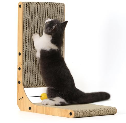 FUKUMARU Kratzbrett Katzen, 48 cm hohe L förmige Kratzpappe, widerstandsfähig Katzenkratzbrett mit Ballspielzeug, Katzen Kratzmöbel aus hochwertiger Karton für Wand und Ecke, Mittlere Größe