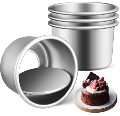 TOPBATHY 4 mini moldes redondos para tartas, 2 moldes inferiores extraíbles antiadherentes de aleación de aluminio para tartas de queso con fondo extraíble para hornear pasteles