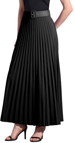 Allegra K Jupe Plissée Longue Femme Fluide Taille Haute Élastique Jupe Maxi Ceinturée Trapèze de Business Noir M