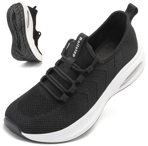 Rollstep Wide Toe Box Shoes Women Extra Wide Width Sneakers Air Cushion Road Running Shoes Ultra Light Tennis Gym Workout Training Shoes Breathable Walking Shoes with Arch Support, Black, 6 Wide