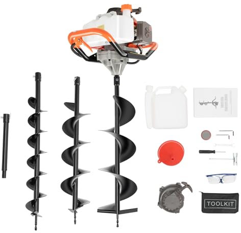 Fridgestea 71CC 2 Stroke Petrol Earth Auger, Post Hole Borer with 3 Drills Bits (Dia: 100, 150, 200 mm), Petrol Powered Garden Digger Digging Machine, Auger Excavator