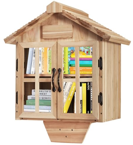 Amcortn Little Library Box Outdoor Free Library Kit, Updated Double Doors Literature Little Library Box, Wood Cabinet Book Storage for DIY Nameplate, Neighborhoods, Community, Schools Sharing Books