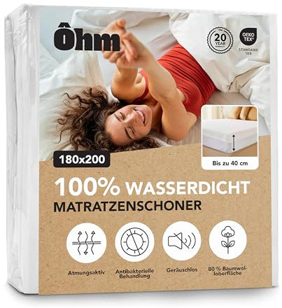 Matratzenschoner 180 x 200 cm | Matratzenauflage | Wasserdicht & geräuschlos | Hypoallergene & saugfähige Baumwolle | Anti-Milben | Rundum bis 40 cm | Oeko-TEX | Ôhm