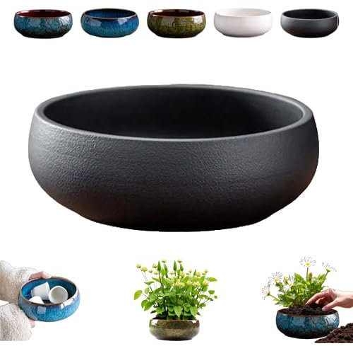 Lotus Bowl Planter, Ceramic Flower Bowls for Planting in Water Indoors, Pots for Succulents Hydroponics, Leak-Proof Unique Glazed Aesthetic for Bonsai Lotus Flower Seeds 1pc (Black)