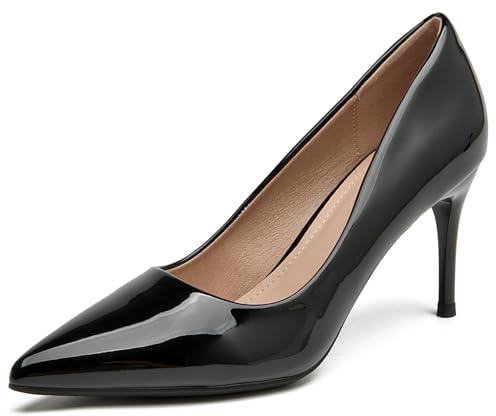 WUIWUIYU Women's Mid Kitten Heels Shiny Lovely Colors Pointed-Toe Dress Work Wedding Pumps Bridal Heeled Court Shoes Size 2 Black