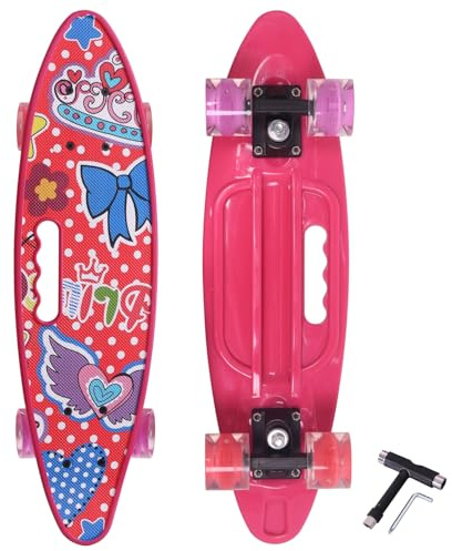 Nattork Mini skateboard Cruiser da 23,5 cm, con manico portatile, classico, retrò, in plastica, per bambini, ragazzi e principianti (Rose Princess)