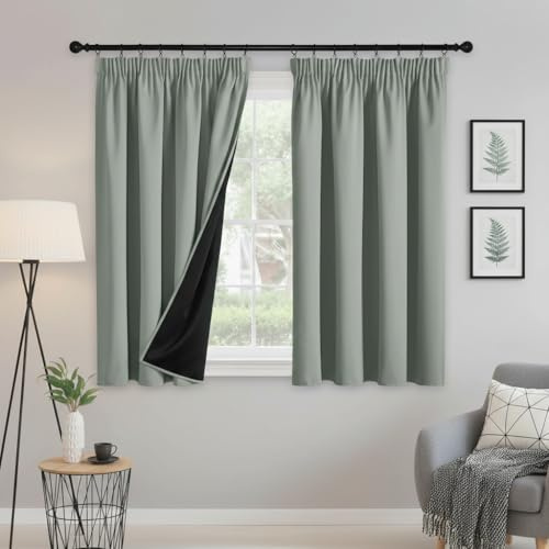 PONY DANCE 100% Blackout Thermal Insulated Curtains, 46x54 Inch, Sage Green | Pencil Pleat Rod Pocket Curtains for Bedroom and Living Room, 2 Panels, Noise Reduction, Light Blocking & Privacy Drapes