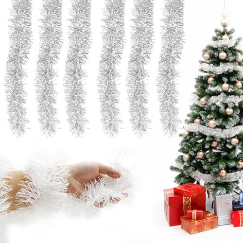 Festone natalizio, 6 pezzi, decorazione per albero di Natale, 12 m, lucido, per matrimoni, vacanze, feste, colore argento