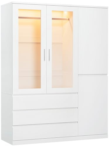 Dripex Armoire à Quatre Portes - Armoire Minimaliste avec Une Tringle à vêtements et 3 tiroirs - 120 x 48 x 180 cm - Blanc - pour Chambre à Coucher