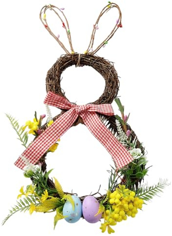 Easter Bunny Spring Wreath for Easter Decorations Artificial Easter Rabbit with Pastel Berries Eggs Raffia Bow for Front Door