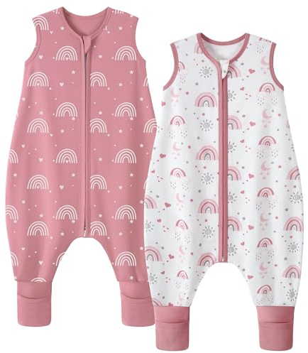 FIEMOL Saco de Dormir Bebe Verano Tog 0,5 Saco de Dormir con Piernas niño 18-36 Molis 100% Algodón Saquito de Dormir niño con pies Arcoíris Rosa