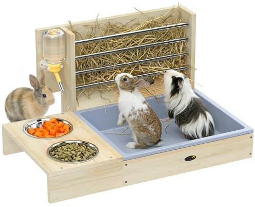 PawHut Comedero de Heno para Conejos con Bandeja, Alimentador de Heno de Madera con Cuenco de Acero Inoxidable y Botella de Agua, para Cobayas, Chinchillas, Gran Capacidad y Prevención de Residuos