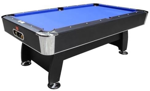 Biliardo Regolamentare BLACK NORMAN (216x123x82 cm) con Panno Blu Elettrico - Design Elegante Nero Venato, Angoli Cromati, Sistema di Ritorno Automatico e Accessori Inclusi
