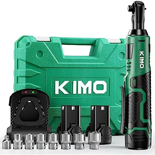 KIMO Cordless Electric Ratchet Wrench Set, 40Ft-lbs, 400RPM, 12V Cordless Ratchet Wrench 3/8 w/Variable Speed Trigger, 7Sockets, 1/4 Adapter, Forward/Reverse Switch, 2Battery Power Ratchet w/Charger