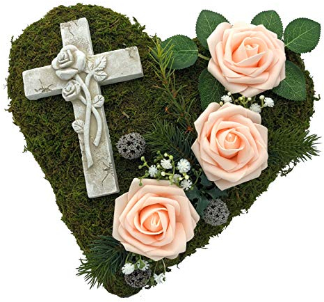 Grabgesteck Grabschmuck Grabaufleger Moosherz Grabherz Trauerherz Grab Herz Gesteck Rosen mit Kreuz (Rosen Rosa)