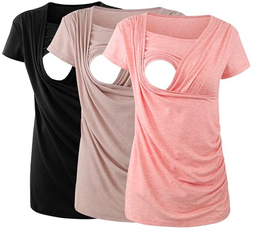 Ecavus 3PCS Women's Maternity Nursing Tops for Breastfeeding Short Sleeve Side Ruched Nursing Shirts