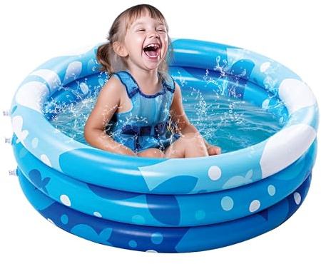 Sloosh Inflatable Kiddie Pool, 34x10 Blow Up Kid Swimming Pool,3 Rings Blue Baby Pool for Toddler,Play Pit for Dog with Geometric Pattern for Summer Water Party Backyard Garden(Fish)