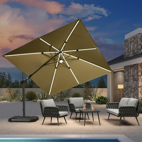 PURPLE LEAF Ombrellone da Giardino LED Solare 3 x 3 m con Inclinazione Bidirezionale, Ombrelloni da Esterno Tela 240 g/m² Protezione UV 50+ con 5 livelli di regolazione e Rotazione di 360°, Beige