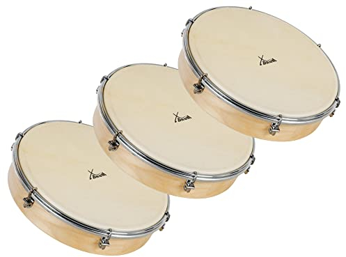 XDrum HTM-12S 12 Handtrommel mit Natur-Fell 3x Set - Rahmentrommel mit Naturfell - Stimmbar mit 6 Spannhaken - Holzrahmen aus Ahorn - Ergonomischer Griff - Natur