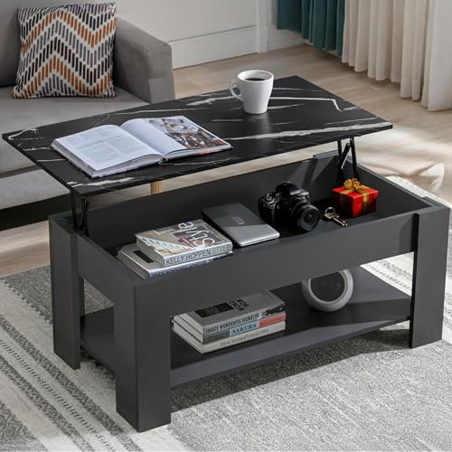 Coffee Table With Storage, Lift Up For Living Room, Wooden Tables 1 Shelf Large Hidden Storage Rectangular Lift-Top Sofa End Tea Room Furniture, Grey / Marble Black