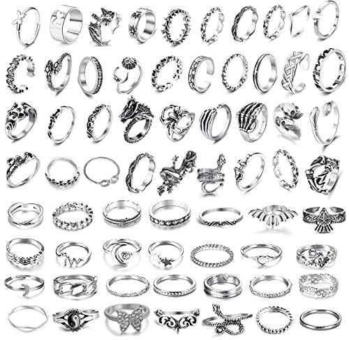 Vintage Punk Ringe Set für Männer Frauen, 66 Stück Silber Schlangen , Stapelbare Boho Chunky Emo Fingerrings, Knuckle für Mädchen