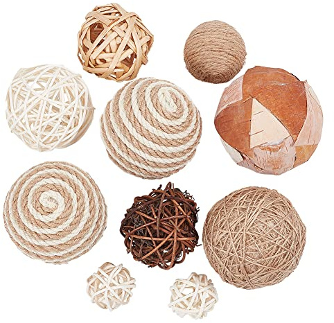 GORGECRAFT 10pcs Boules Décoratives Tons Naturels Fausse Boule de Mousse Séchée Boules Décoratives en Osier Fleur Sèche et Cordon de Chanvre et Rotin pour Centre de Table Bols Orbes Remplisseurs