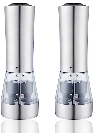2 Pièces 2 en 1 Moulin à Sel et Poivre Électrique, Moulin à Sel et Poivre Moulin à Épices en Acier Inoxydable Moulins en Céramique Réglables Électriques pour Sel Poivre Chili Épices, Argent