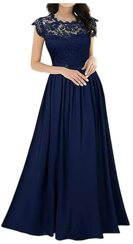 2021 Nuevo Vestido Ajustado de Gasa con Costuras de Encaje, Vestidos Largos para Damas de Honor, Vestidos de Noche para Mujer, Bata de Color sólido para Mujer, Azul Marino-XXL