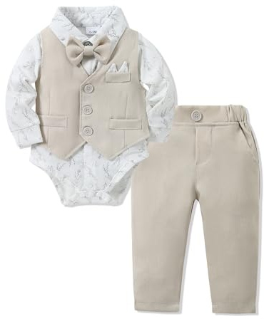 YALLET Baby Boy Clothes Suit 0-18 Months Infant Boy Gentleman Outfits, Dress Shirt+Bowtie+Vest+Pants Set Wedding Party Suits
