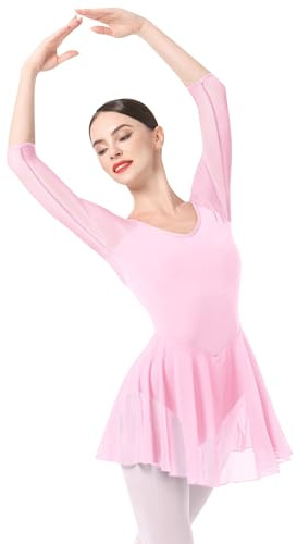 Womens 3/4 Sleeve Skirted Leotard with Built-in Panty, Adult Teens Girls Ballet Dress Scoop Neck U-back Unitard Bodysuits Ballerina Outfit for Gymnastic Traning Stage Performance Pink M