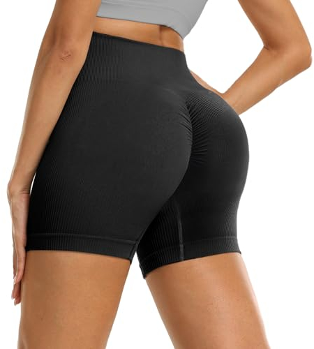 DDOBB Sport Shorts Damen Scrunch Butt Kurze Sporthose Bauchweg Gym Shorts High Waist Radlerhose Nahtlos Laufshorts Sommer Leggings für Fitness Yoga Workout(Schwarz, S-M)