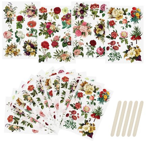WANDIC 16 Sheets Rub On Transfer Stickers Sumptuous Retro Flower Decals Waterproof Stickers Furniture Craft Decals for DIY Scrapbooking