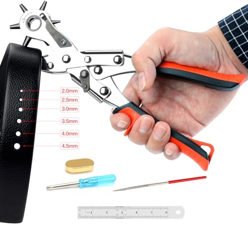 AIRAJ PRO Lochzange für Leder,Hochleistungs Lochzange Gürtel mit 6 Runden Löchern,Lochzange Papier mit Stahllineal,Geeignet für Gürtel, Gurte, Tierhalsbänder, Karten, Sättel