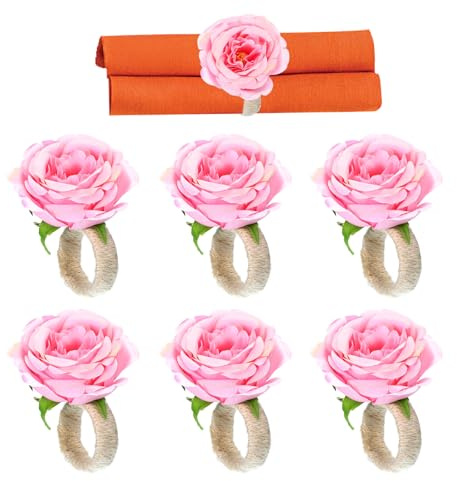 PATIKIL Handgjorda rosblomma servettringar, 6-pack hantverk blommig servetthållare för bröllop födelsedag bankett bordsdekoration jul Thanksgiving, rosa