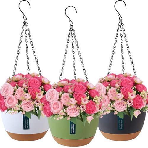 Lighterday 3 Stück Blumenampel Hängend für Außen Innen,Blumentopf Hängend Hängetopf für Pflanzen,Hängetöpfe mit Drainagelöchern und Untersetzer,Hängblumentöpfe für Garten Balkon (Gemischte Farben)