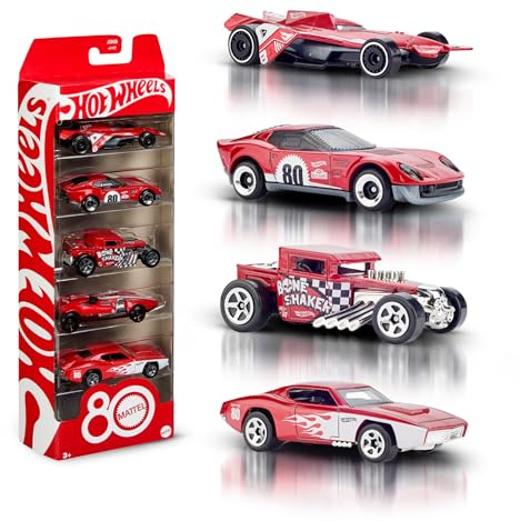 Hot Wheels Toy Cars, 5-Pack of 1:64 Scale Toy Cars with Collectible Deco & Packaging, Core Mattel 80th Anniversary Set of 5 Vehicles, JGK08
