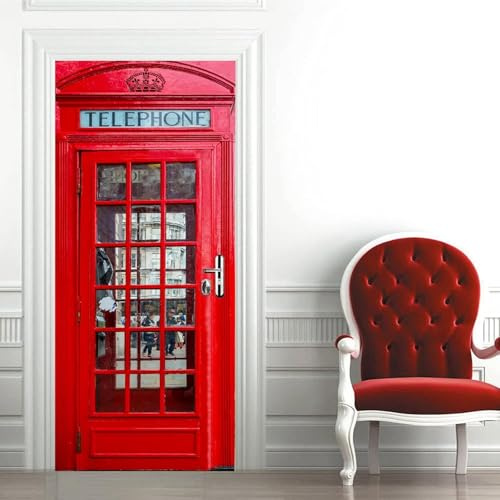 TACOKI Murales Para Puertas Londres, Pegatina Puerta Cabina Telefónica Roja 3D Papel Pintado Autoadhesivo Mural Poster Puertas Pegatinas para Cocina Sala de Baño Decorativos 90x210 cm v2724