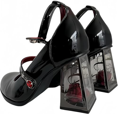FQLGJMY Plateforme en Cuir breveté pour Femmes Mary Janes Robe Pompes Gothique Chaussures à Talons Gros Bas Douce Lolita fermée Orteil Cheville Bracelet réglable