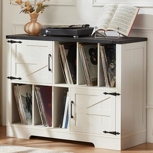 LELELINKY Large Record Player Stand with Storage, 1m Vinyl Records Storage Organizer Cabinet, Farmhouse Wood Vinyl Table with Barn Doors, Mid-Century Turntable Stands for Living Room, White