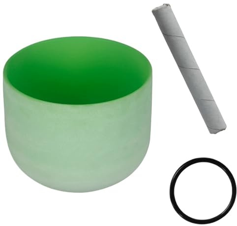 Klangskål i kristall-klangskål B-20 cm (8 tum), helande klangskål med ljud frostad kvarts grön för meditation och yoga, gummipinne