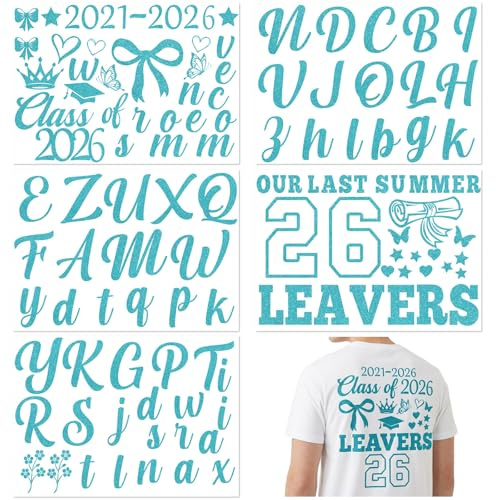 School Leavers Shirt Decorations, 5 Sheets 2026 Leavers Iron on Transfers for T Shirts, Personalised Name Leavers Shirt Transfer, Glitter DIY Leavers Shirts Decoration for Clothing Backpacks (Blue)