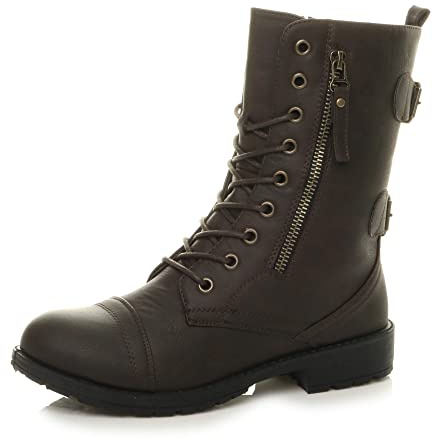 Ajvani Womens Ladies Flat Low Heel lace up Zip Combat Military Ankle Boots, Brown Matte, 7 UK