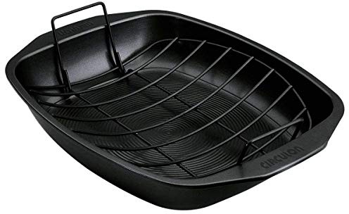 Circulon Ultimum Roasting Tin with Rack - Roasting Trays for Oven Non Stick, Freezer and Dishwasher Safe Carbon Steel Bakeware, Black, 39.4 x 30.7 x 6.5cm