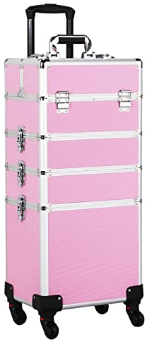 Yaheetech Maletín de Maquillaje Aluminio con Ruedas 4 en 1 Maleta Peluquería Profesional Maletin Tatuaje Rosa