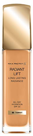 Max Factor Radiant Lift Liquid Pump Medium to Full Coverage Radiant Finish Foundation with SPF30 and Hyaluronic Acid, 095 Tawny, Dark Skin Tone, 30ml
