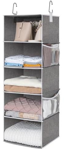 StorageWorks Hanging Closet Organizer, 5-Shelf Hanging Shelves with 2 Hooks, Foldable Space-Saving Design, Closet Organizers and Storage for Bedroom, Dorm, Locker, Gray