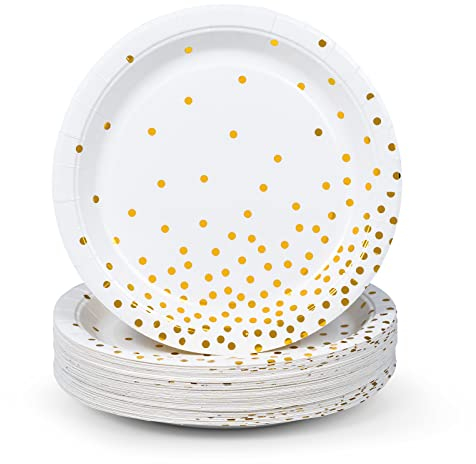 MATICAN Lot de 50 assiettes en carton jetables blanches et dorées, à pois en aluminium, 22,9 cm