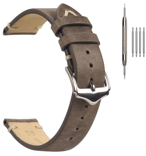 EACHE Bracelets de Montre en Cuir Gris Huile ciré à l'huile de 18mm, Bracelet en Cuir Vintage pour Homme