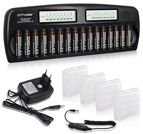 CITYORK Cargador rápido de batería – Protección IC integrada con pantalla LCD – para pilas AA AAA NI-MH, incluye 16 pilas AA 3000 mAh NiMH, maletín de batería